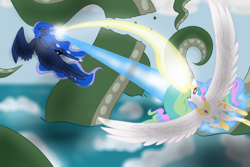 Size: 1000x667 | Tagged: safe, artist:dangel-demon, derpibooru import, princess celestia, princess luna, pony, blast, flying, image, magic, magic blast, png, tentacles