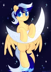 Size: 1463x2048 | Tagged: safe, artist:_mpiesocks, artist:n in a, derpibooru import, oc, unofficial characters only, pegasus, pony, crescent moon, fluffy, hanging, image, jpeg, moon, solo, starry night, stars, tangible heavenly object, transparent moon