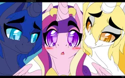 Size: 3301x2063 | Tagged: safe, artist:burnedpigeon, derpibooru import, daybreaker, nightmare moon, princess cadance, alicorn, blushing, colored pupils, image, open mouth, png