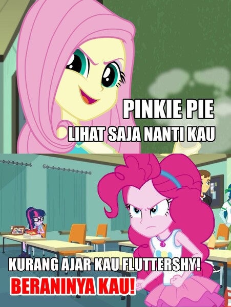 Size: 1717x2284 | Tagged: safe, derpibooru import, edit, edited screencap, screencap, fluttershy, pinkie pie, sci-twi, twilight sparkle, a little birdie told me, equestria girls, equestria girls series, rollercoaster of friendship, the last day of school, angry, angry pinkie pie, geode of sugar bombs, image, implied rainbow dash, indonesian, jpeg, magical geodes, narrowed eyes, rage