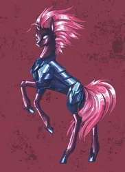 Size: 1024x1407 | Tagged: safe, artist:just-rat, derpibooru import, tempest shadow, pony, unicorn, armor, broken horn, eye scar, female, horn, image, jpeg, mare, rearing, red background, scar, signature, simple background, solo, traditional art