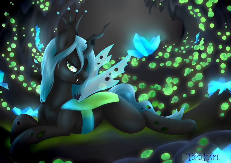 Size: 4960x3507 | Tagged: safe, artist:tokokami, derpibooru import, queen chrysalis, changeling, changeling queen, changeling egg, changeling hive, crown, crystal, fangs, female, high res, image, jewelry, lying down, png, profile, prone, regalia, solo