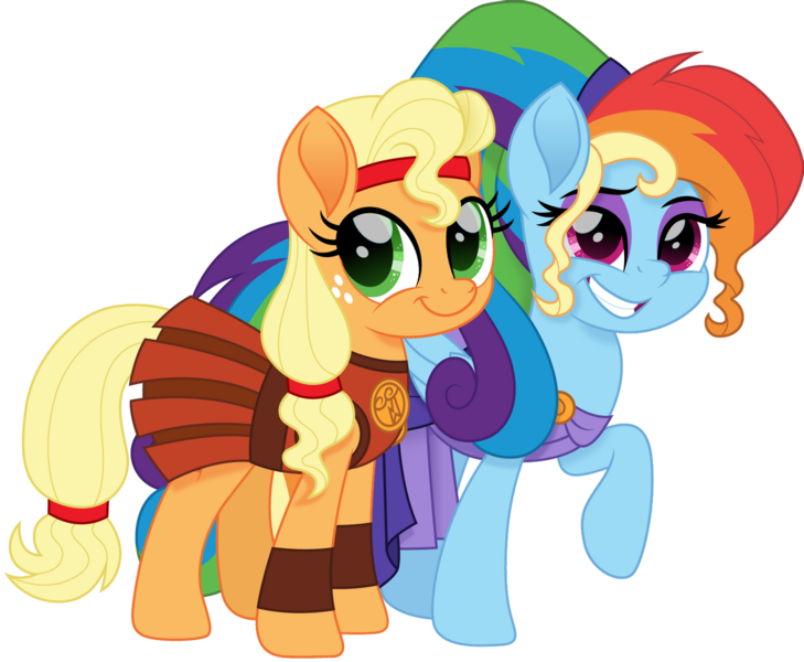 Size: 1280x1053 | Tagged: safe, artist:cloudyglow, derpibooru import, applejack, rainbow dash, earth pony, pegasus, pony, alternate hairstyle, appledash, armor, armor skirt, clothes, cloudyglow is trying to murder us, costume, disney, dress, eyeshadow, female, freckles, grin, halloween, halloween costume, headband, hercules, holiday, image, lesbian, makeup, megaradash, movie accurate, nightmare night, png, rainbow dash always dresses in style, raised hoof, shipping, simple background, skirt, smiling, transparent background