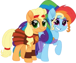 Size: 1280x1053 | Tagged: safe, artist:cloudyglow, derpibooru import, applejack, rainbow dash, earth pony, pegasus, pony, alternate hairstyle, appledash, armor, armor skirt, clothes, cloudyglow is trying to murder us, costume, disney, dress, eyeshadow, female, freckles, grin, halloween, halloween costume, headband, hercules, holiday, image, lesbian, makeup, megaradash, movie accurate, nightmare night, png, rainbow dash always dresses in style, raised hoof, shipping, simple background, skirt, smiling, transparent background
