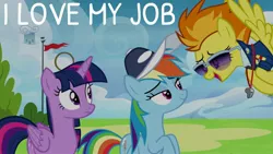 Size: 1920x1080 | Tagged: safe, derpibooru import, edit, edited screencap, editor:quoterific, screencap, rainbow dash, spitfire, twilight sparkle, twilight sparkle (alicorn), alicorn, pegasus, pony, top bolt, coach rainbow dash, coaching cap, female, flying, image, jpeg, sunglasses, trio, trio female, whistle