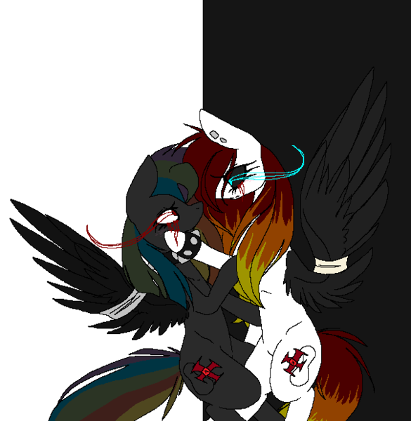 Size: 604x620 | Tagged: semi-grimdark, artist:dramaostrich, derpibooru import, oc, oc:cleancut, oc:rainbow death, bandage, bandaged wing, black and white, black sclera, blood, bracelet, choker, crying, cutie mark, duo, female, grayscale, image, monochrome, png, spiked choker, spiked wristband, tears of blood, wings, wristband