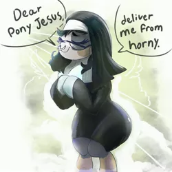 Size: 4096x4096 | Tagged: safe, artist:fiyawerks, derpibooru import, oc, oc:mama chubs, earth pony, pony, cute, dialogue, earth pony oc, eyes closed, funny, glasses, horny, image, jpeg, meme, nose piercing, nun, piercing, pony jesus, praying, simple background