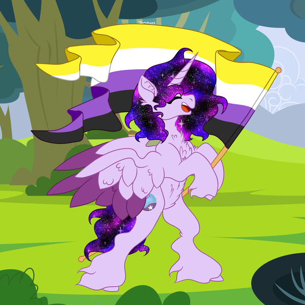 Size: 4000x4000 | Tagged: safe, artist:jamlotte1, derpibooru import, oc, oc:cosmic star, alicorn, pony, alicorn oc, base used, ethereal mane, flag, galaxy mane, horn, image, nonbinary, png, pride, pride flag, solo, unshorn fetlocks, wings