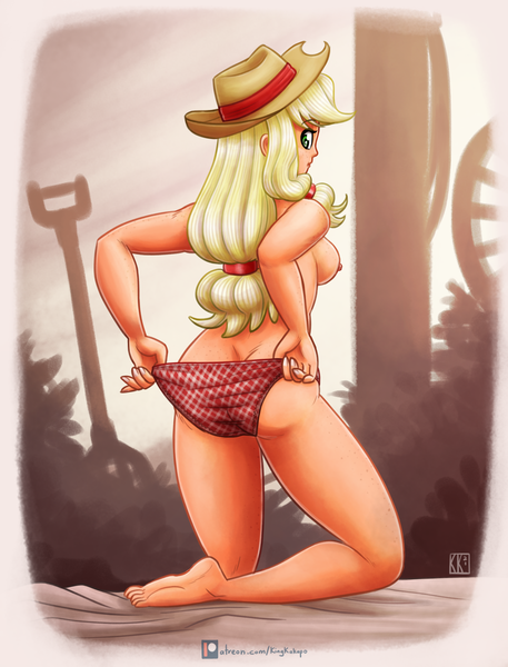 Size: 1850x2427 | Tagged: questionable, artist:king-kakapo, derpibooru import, applejack, human, applebutt, barefoot, breasts, busty applejack, butt, clothes, cowboy hat, feet, freckles, hair tie, hat, humanized, image, looking back, nipples, nudity, panties, panty pull, partial nudity, patreon, patreon logo, plaid underwear, png, red underwear, sexy, sideboob, stetson, topless, underwear