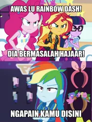 Size: 1717x2281 | Tagged: safe, derpibooru import, edit, edited screencap, screencap, pinkie pie, rainbow dash, sci-twi, sunset shimmer, twilight sparkle, equestria girls, equestria girls series, holidays unwrapped, rollercoaster of friendship, spoiler:eqg series (season 2), angry, caption, comparison, dashing through the mall, female, fight, geode of empathy, geode of sugar bombs, geode of super speed, geode of telekinesis, image, image macro, indonesian, jpeg, magical geodes, meme, pinkie pie is not amused, rainbow dash is not amused, sunset shimmer is not amused, text, translated in the comments, twilight is not amused, unamused