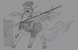 Size: 2100x1350 | Tagged: safe, artist:stray prey, derpibooru import, princess celestia, alicorn, pony, armor, female, glowing horn, helmet, horn, image, magic, mare, monochrome, neo noir, one hoof raised, partial color, png, sandals, shield, sketch, solo, spear, telekinesis, weapon