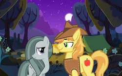 Size: 2064x1281 | Tagged: safe, anonymous artist, derpibooru import, braeburn, marble pie, braeble, brokeback mountain, campfire, camping, female, flower, forest, hill, image, looking at each other, male, moon, mountain, movie reference, night, outdoors, png, romance, scenery, shipping, smiling, stars, straight, tent, this will end in love, tree, youtube link