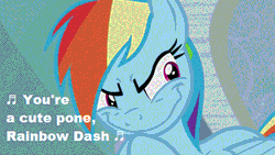 Size: 500x281 | Tagged: safe, derpibooru import, edit, screencap, rainbow dash, tanks for the memories, best pone, evil, evil grin, faic, female, gif, grin, image, pone, pure unfiltered evil, rainbow dash is best facemaker, rainbow grinch, smiling, solo, text, the grinch, then she got an idea