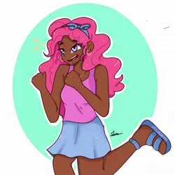 Size: 1080x1080 | Tagged: safe, artist:_denart, derpibooru import, pinkie pie, human, abstract background, clothes, dark skin, humanized, image, jpeg, open mouth, sandals, skirt, smiling, solo