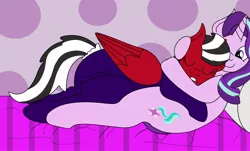 Size: 1280x772 | Tagged: safe, artist:lynnthenerdkitty, derpibooru import, starlight glimmer, oc, oc:shatter misty cloud, ponified, pegasus, pony, unicorn, adult foal, cuddling, diaper, diaper fetish, eyes closed, fetish, footed sleeper, image, jpeg, mommy, non-baby in diaper, poofy diaper, shatter (transformers), sleeping, transformers