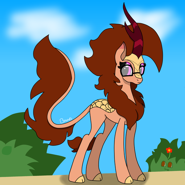 Size: 4120x4120 | Tagged: safe, artist:ragedox, derpibooru import, oc, oc:blazing smart, kirin, pony, brown mane, flower, glasses, image, leader, old drawing, pink eyes, png, scales, simple background