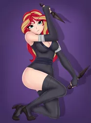 Size: 1371x1838 | Tagged: suggestive, artist:anonix123, derpibooru import, sunset shimmer, equestria girls, breasts, clothes, high heels, human coloration, image, kunai, kunoichi, looking at you, ninja, png, shoes, smiling, smirk