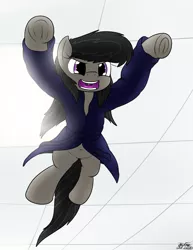 Size: 1837x2375 | Tagged: safe, artist:the-furry-railfan, derpibooru import, octavia melody, earth pony, angry, bathrobe, bed mane, belly button, ceiling, clothes, frog (hoof), image, leaping, octavia is not amused, png, pounce, robe, screaming, solo, this will end in pain, unamused, underhoof