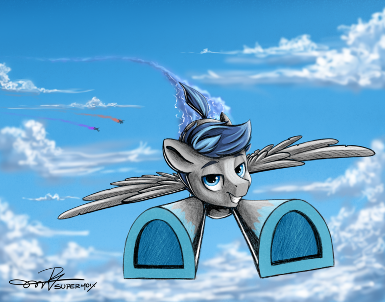 Size: 4752x3732 | Tagged: safe, artist:supermoix, derpibooru import, oc, oc:aspen volare, pegasus, pony, cloud, epic, image, png, sky, solo, underhoof