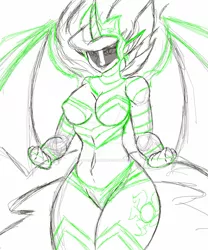 Size: 1024x1229 | Tagged: suggestive, artist:beatrizflandes, derpibooru import, daybreaker, alicorn, anthro, pegasus, armor, belly button, breasts, busty daybreaker, digital art, female, horn, image, jpeg, monochrome, simple background, sketch, solo, solo female, spread wings, tail, thighs, unconvincing armor, white background, wide hips, wings