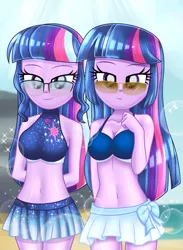 Size: 3000x4096 | Tagged: safe, artist:aryatheeditor, derpibooru import, sci-twi, twilight sparkle, twilight sparkle (alicorn), alicorn, equestria girls, adorasexy, beach, bedroom eyes, belly, belly button, bikini, bikini top, breasts, bust, busty sci-twi, busty twilight sparkle, clothes, cute, cutie mark, cutie mark on clothes, derpibooru exclusive, digital art, element of magic, female, geode of telekinesis, glasses, heterochromia, hips, image, jewelry, jpeg, looking at you, magical geodes, midriff, miniskirt, outfit, pose, powerful sparkle, regalia, sexy, shiny, skirt, sleeveless, sparkles, stupid sexy twilight, sunglasses, swimsuit, thighs, twiabetes, twolight