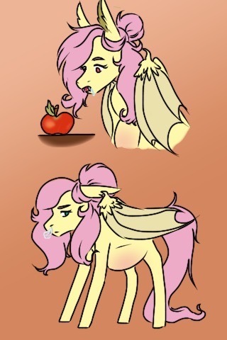 Size: 320x480 | Tagged: safe, artist:solarist97, derpibooru import, fluttershy, bat pony, pony, apple, bat ponified, female, flutterbat, food, gradient background, image, jpeg, mare, preggoshy, pregnant, race swap, solo