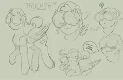 Size: 2244x1452 | Tagged: safe, artist:roseandcompany, derpibooru import, oc, oc:trucker, pegasus, backwards hat, baseball cap, butch, cap, drugs, female, hat, image, jpeg, lesbian, marijuana, masculine mare, reference sheet, sketch, sketch dump, smoking, wing hands, wings