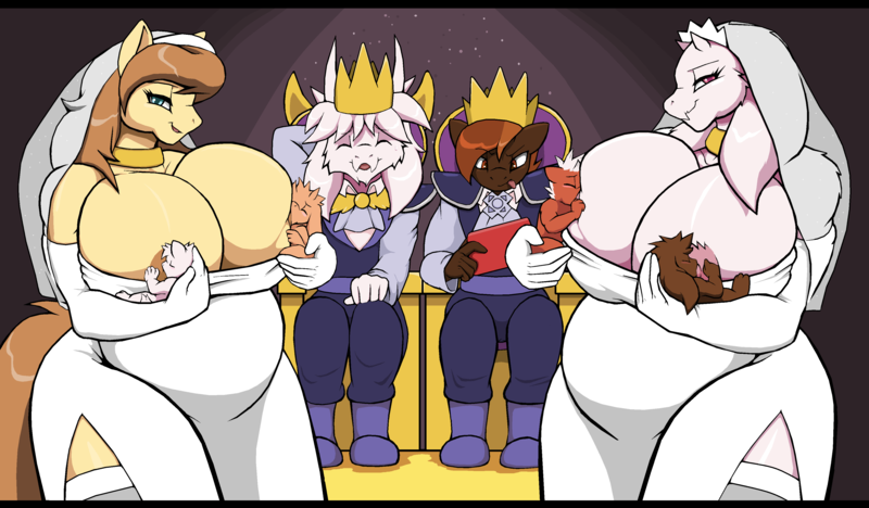 Size: 3784x2216 | Tagged: questionable, artist:droll3, derpibooru import, button mash, oc, oc:cream heart, anthro, earth pony, goat, plantigrade anthro, anus, asriel dreemurr, barefoot, big breasts, breastfeeding, breasts, busty cream heart, buttoncest, canon x oc, child, clothes, comic, crossover, crossover ship offspring, crossover shipping, digital art, dress, drool, duo, feet, female, foal, group, horn, huge breasts, image, impossibly large breasts, incest, interspecies offspring, king, kissing, male, milf, monochrome, mother and child, mother and son, nipples, nudity, nursing, offspring, older, older button mash, open mouth, parent:asriel dreemurr, parent:button mash, parent:oc:cream heart, parent:toriel, parents:buttoncest, parents:canon x oc, playing, png, pregnant, product of incest, shipping, sloppy kissing, straight, suckling, tail, thighs, thunder thighs, tongue out, toriel, undertale, wedding dress