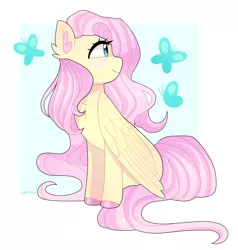 Size: 2200x2312 | Tagged: safe, artist:emera33, derpibooru import, fluttershy, butterfly, insect, pegasus, pony, blushing, chest fluff, colored hooves, cute, ear fluff, female, folded wings, head turned, high res, image, looking at something, mare, png, profile, shyabetes, simple background, sitting, smiling, solo, white background, wings