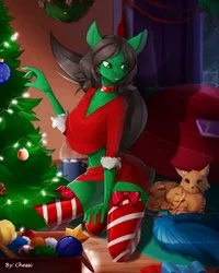 Size: 1026x1280 | Tagged: safe, artist:chessi, derpibooru import, oc, oc:sadie michaels, unofficial characters only, anthro, cat, choker, christmas, christmas tree, commission, decorating, female, holiday, image, png, ribbon, schrödinger's pantsu, tree, ych result