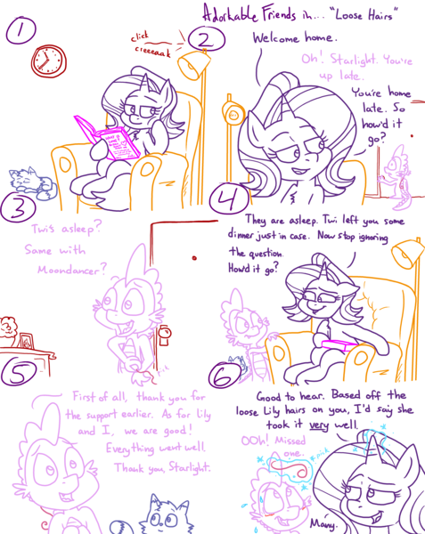 Size: 4779x6013 | Tagged: safe, artist:adorkabletwilightandfriends, derpibooru import, spike, starlight glimmer, oc, oc:pinenut, cat, dragon, pony, unicorn, comic:adorkable twilight and friends, adorkable, adorkable friends, book, caught, caught red hooved, comic, conversation, cute, dork, friendship, glowing horn, hair, horn, humor, image, late, magic, mane, night, png, reading, sitting, slice of life, telekinesis, thankful