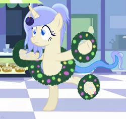 Size: 2521x2379 | Tagged: safe, artist:caticornie, derpibooru import, oc, oc:raindrop, unicorn, christmas decoration, christmas shopping, horn, image, png, shopping, solo, unicorn oc