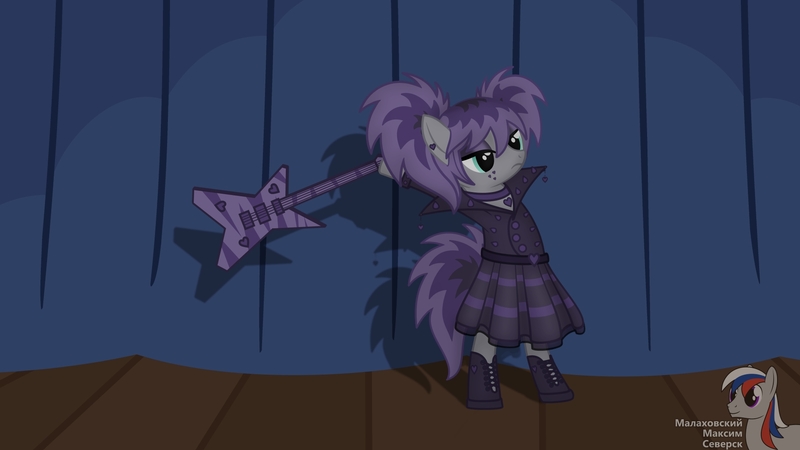 Size: 1920x1080 | Tagged: safe, artist:intelmax89, derpibooru import, maud pie, earth pony, pony, alternate hairstyle, bipedal, boots, choker, clothes, ear piercing, earring, guitar, heavy metal, image, jacket, jewelry, jpeg, leather jacket, makeup, musical instrument, piercing, pigtails, plaid skirt, shoes, skirt, solo, stage