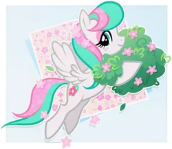 Size: 881x763 | Tagged: safe, artist:conphettey, derpibooru import, blossomforth, pegasus, alternate hairstyle, bush, female, flower, flying, image, plant, png, solo