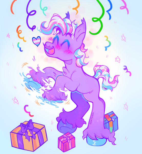 Size: 1168x1266 | Tagged: safe, artist:occultusion, derpibooru import, razzaroo, earth pony, pony, g3, alternate hairstyle, bipedal, blank flank, confetti, eyes closed, heart, image, male, mouthpiece, open mouth, party, png, politics, present, pride, pride flag, raised hoof, solo, stallion, stimming, streamers, trans male, transgender, transgender pride flag, unshorn fetlocks