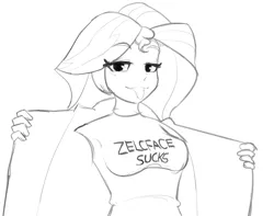 Size: 1876x1478 | Tagged: safe, artist:zelc-face, derpibooru import, sunset shimmer, human, equestria girls, clothes, derpibooru exclusive, image, jacket, monochrome, png, self deprecation, shirt, text, tongue out