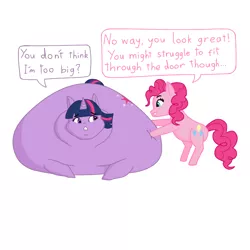 Size: 768x768 | Tagged: suggestive, artist:garlic8181819, derpibooru import, pinkie pie, twilight sparkle, twilight sparkle (alicorn), alicorn, earth pony, pony, belly, big belly, dialogue, duo, fat, fat fetish, female, females only, fetish, hoof on belly, huge belly, image, impossibly large belly, lying down, morbidly obese, neck roll, no more ponies at source, obese, png, profile, prone, simple background, squishy, twilard sparkle, white background