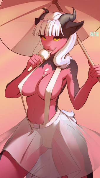 Size: 2100x3718 | Tagged: suggestive, artist:okata, derpibooru import, oc, oc:twisted mind, anthro, original species, anthro oc, bedroom eyes, big breasts, breasts, clothes, commission, dress, eating, erect nipples, fangs, female, food, horn, horns, ice cream, image, interspecies offspring, jpeg, looking at you, offspring, parent:lord tirek, parents:twirek, parent:twilight sparkle, solo, solo female, standing, straps, umbrella, ych result, your character here