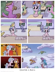 Size: 1200x1552 | Tagged: safe, artist:deusexequus, derpibooru import, cozy glow, pegasus, pony, comic:fix, bully, cafeteria, censored vulgarity, classroom, cloud, comic, eat, female, fight, filly, grawlixes, image, paper, png, pure concentrated unfiltered evil of the utmost potency, pure unfiltered evil, pushing, school, stealing, tray