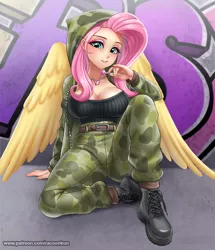Size: 1000x1162 | Tagged: suggestive, artist:racoonsan, derpibooru import, fluttershy, human, pegasus, anime, big breasts, blushing, boots, breasts, busty fluttershy, camouflage, candy, cleavage, clothes, female, food, gameloft interpretation, graffiti, hoodie, humanized, image, jpeg, lollipop, looking at you, pixiv, shoes, smiling, solo, winged humanization, wings