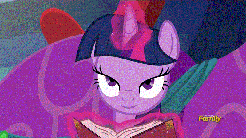 Size: 960x540 | Tagged: safe, derpibooru import, screencap, twilight sparkle, twilight sparkle (alicorn), alicorn, pony, a hearth's warming tail, book, discovery family logo, female, gif, glowing horn, horn, image, magic, mare, mid-blink screencap, smiling, solo, telekinesis