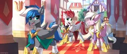 Size: 3000x1266 | Tagged: safe, artist:redchetgreen, derpibooru import, oc, oc:bay breeze, oc:cloud zapper, oc:swift apex, unofficial characters only, pegasus, pony, armor, bow, building, canterlot, ear fluff, female, guardsmare, hair bow, image, male, mare, open mouth, pegasus oc, png, raised hoof, royal guard, scenery, smiling, stallion, tail bow, trio, wings