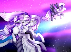 Size: 1700x1250 | Tagged: safe, artist:minelvi, derpibooru import, oc, unofficial characters only, pegasus, pony, unicorn, aurora borealis, eyes closed, flying, horn, image, night, pegasus oc, png, ponies riding ponies, riding, sleeping, stars, unicorn oc, wings