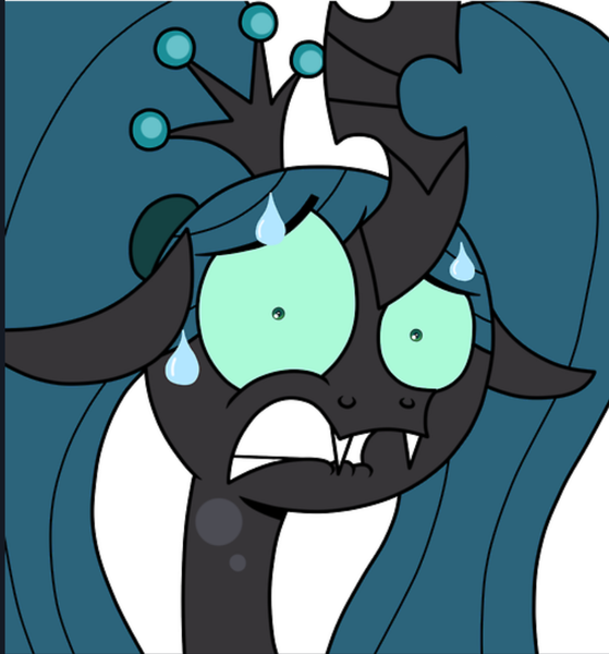 Size: 864x927 | Tagged: safe, artist:jay muniz, derpibooru import, edit, queen chrysalis, changeling, changeling queen, pony, ask crinkle bottom chrysalis, cropped, crown, female, floppy ears, frown, funny, image, jewelry, lip bite, looking at you, pigtails, png, reaction image, regalia, scared, simple background, solo, sweat, white background