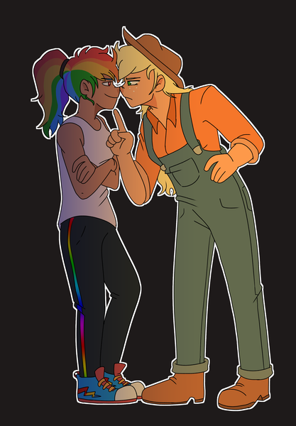 Size: 2400x3450 | Tagged: safe, artist:applejackofalltrades, derpibooru import, applejack, rainbow dash, human, appledash, clothes, converse, female, height difference, humanized, image, lesbian, png, pointing, shipping, shoes, smiling, smirk