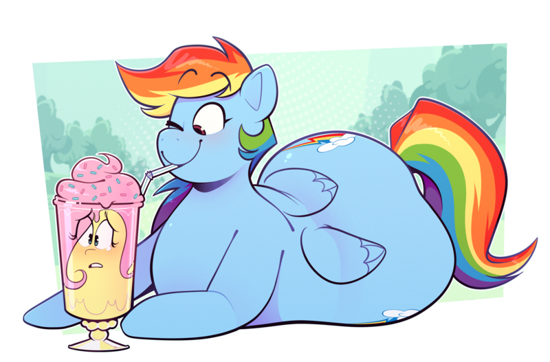 Size: 2200x1450 | Tagged: suggestive, artist:secretgoombaman12345, derpibooru import, fluttershy, rainbow dash, pegasus, pony, backwards cutie mark, bad anatomy, bendy straw, both cutie marks, chubby, chubby dash, drink, drinking, drinking straw, duo, eye clipping through hair, fat, female, females only, flutterprey, food, food transformation, image, lying down, milkshake, one eye closed, png, preddash, rainblob dash, simple background, smiling, sprinkles, teary eyes, transformation, transparent background, tubby wubby pony waifu, vore, wink, worried