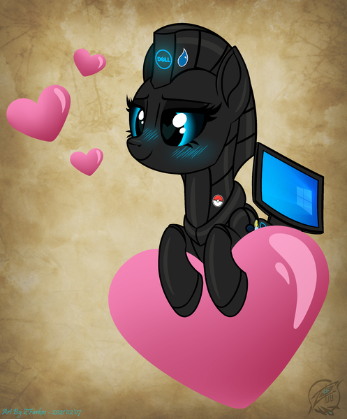 Size: 2605x3145 | Tagged: safe, artist:starshade, artist:zfarkos, derpibooru import, oc, oc:gigi, unofficial characters only, pony, robot, robot pony, black sclera, dell, female, heart, heart eyes, image, mare, png, simple background, solo, wingding eyes