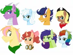 Size: 2048x1536 | Tagged: safe, artist:pimpartist101, derpibooru import, oc, oc:big ben, oc:delilah, oc:flint, oc:rosemary, oc:snow storm, oc:sora, oc:sweet airheart, unofficial characters only, dracony, earth pony, hybrid, pegasus, pony, unicorn, bow, bust, cowboy hat, female, goggles, hair bow, hat, image, interspecies offspring, jpeg, male, mare, neckerchief, next generation, offspring, parent:applejack, parent:big macintosh, parent:caramel, parent:flash sentry, parent:fluttershy, parent:pinkie pie, parent:pokey pierce, parent:rainbow dash, parent:rarity, parent:soarin', parent:spike, parent:twilight sparkle, parents:carajack, parents:flashlight, parents:fluttermac, parents:pokeypie, parents:soarindash, parents:sparity, scar, simple background, stallion, stetson, tongue out, white background
