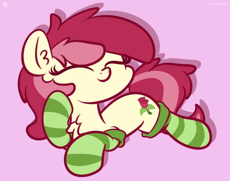 Size: 3250x2560 | Tagged: safe, artist:kimjoman, derpibooru import, roseluck, earth pony, pony, chest fluff, clothes, cute, cuteluck, ear fluff, eyes closed, female, image, jpeg, lying down, mare, pink background, prone, raised hoof, rosabetes, simple background, socks, solo, striped socks