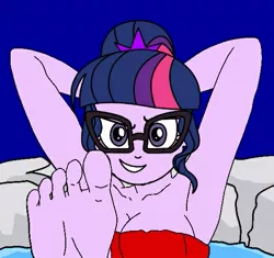 Size: 543x510 | Tagged: suggestive, artist:felix lynn, derpibooru import, sci-twi, twilight sparkle, equestria girls, armpits, breasts, cleavage, feet, female, fetish, foot fetish, foot focus, image, jpeg, solo, solo female, toes